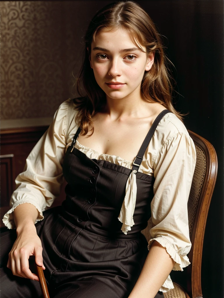 Oil painting of a girl sitting on a cane chair, natural lighting, intricate details in the fabric and wood of the chair, realistic skin tones and textures, by John Singer Sargent or Edgar Degas, (close-up shot), soft brush strokes