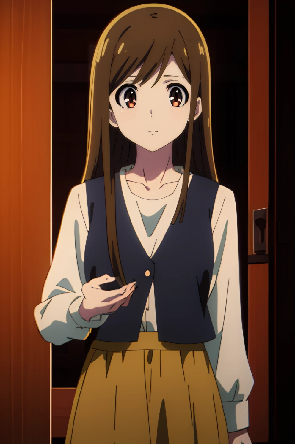 <lora:Amiris:0.7> amiris, brown_hair, 1girl, long_hair, brown_eyes, solo, bangs, shirt, skirt, cowboy shot, best_quality, highres, extremely_detailed, anime perfect detailed style, 8k, masterpiece, anime art style, anime coloring,