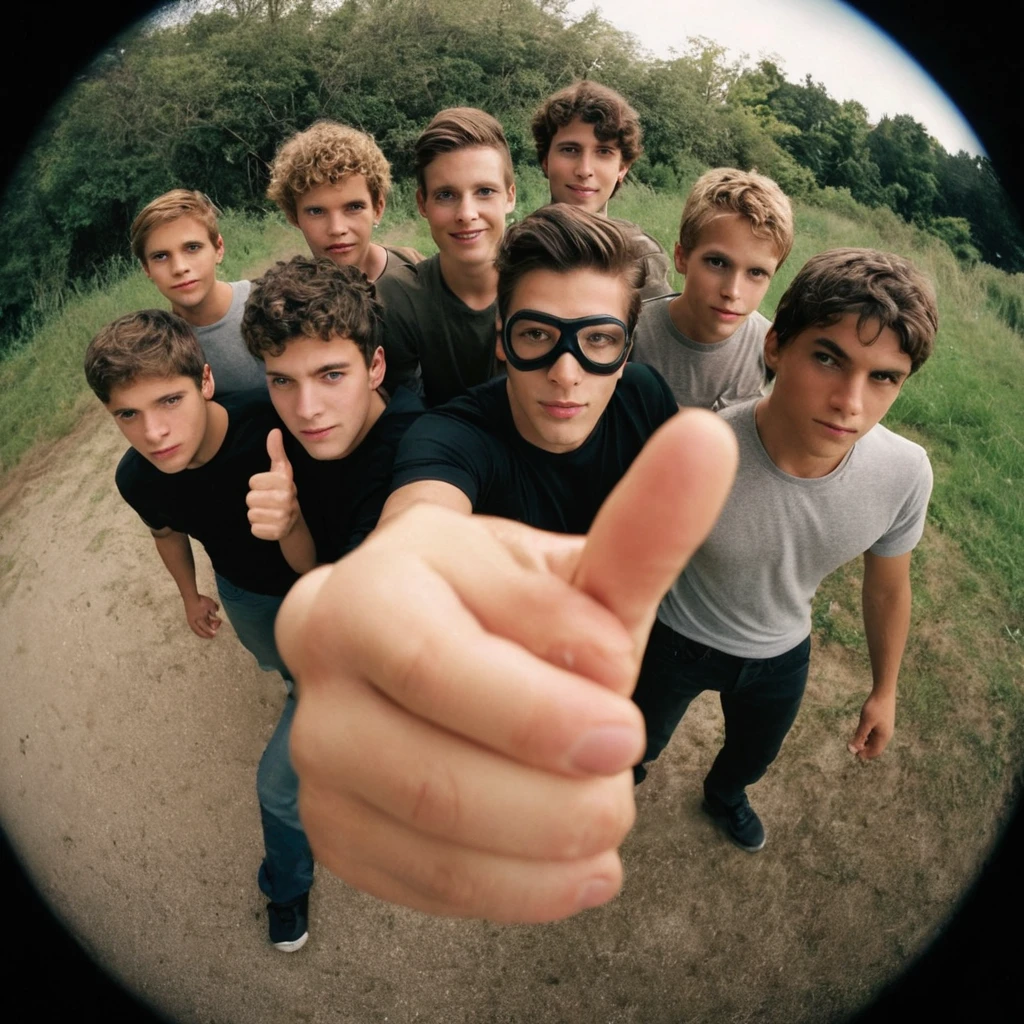 	male focus, multiple boys, superhero, mask, 6+boys, thumbs up, sportswear, blurry, (((8mm fisheye lens by 8mmfishlent black borders ,zoom out))) , experimental photography, hard light --ar 3:4 --v 5.1 --style raw