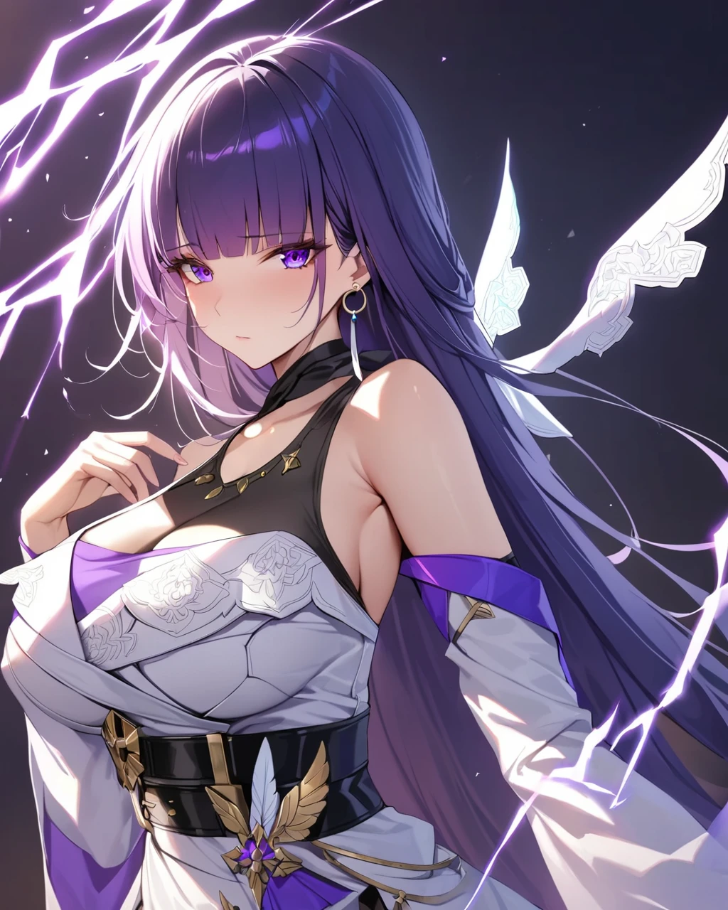 masterpiece, best quality, <lora:ye_and_yayi:1>,raiden_mei_(apho), 1girl, purple_hair, purple_eyes, solo, white_background, looking_at_viewer, large_breasts, white_dress, simple_background, bare_shoulders, closed_mouth, electricity, feathers, single_earring, long_sleeves, very_long_hair, blunt_bangs, upper_body