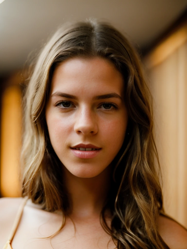 A beautiful 3m1lyf woman, 1girl,solo,long hair,looking at viewer,smile,blonde hair,brown hair,bare shoulders,closed mouth,upper body,sleeveless,looking back,lips,brown background,realistic,soft lighting, professional Photography, Photorealistic, detailed, RAW, analog, sharp focus, 8k, HD, high quality, masterpiece<lora:3m1lyf:1.0>