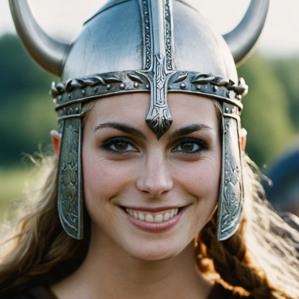 Face closeup of a stunning viking princess in a battle, grim,f /2.8, Canon, 85mm,analog, fiilm grain, subtle smile, <lora:morbaccarin_xl_1_standard_wo_cap-000033:1>