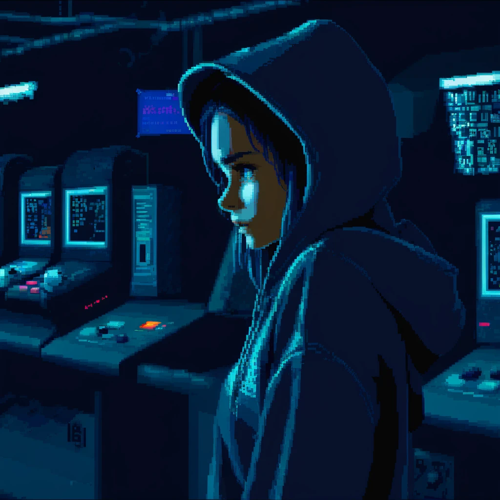 snes style, girl with a hoodie side view, looking to the viewer,in a dark hi-tech lab <lora:snesSDXLv3.1:1>