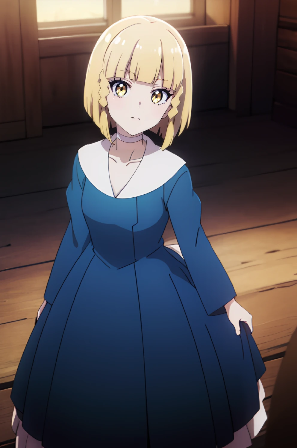 <lora:Alize:0.7> alize, short_hair, blonde_hair, 1girl, solo, bangs, yellow_eyes, braid, , white_choker, dress, looking at viewer, best_quality, highres, extremely_detailed, anime perfect detailed style, 8k, masterpiece, anime art style, anime coloring,
