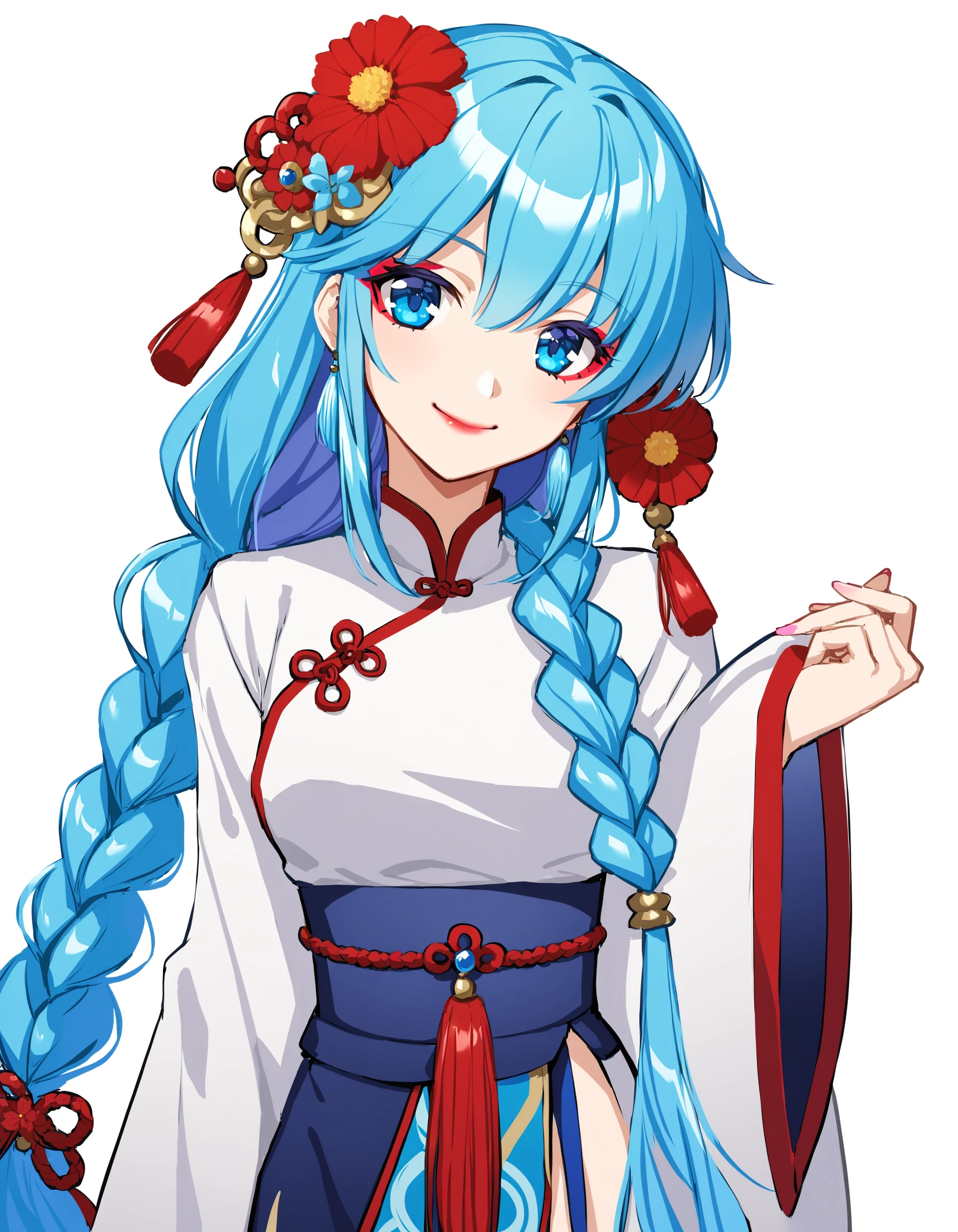 Fushigi Yuugi Style, 1girl, solo, long hair, looking at viewer, smile, blue eyes, hair ornament, long sleeves, white background, very long hair, blue hair, purple hair, braid, flower, hair flower, single braid, makeup, chinese clothes, lipstick, red flower, braided ponytail <lora:Fushigi_Yuugi_Animaginexl:1>