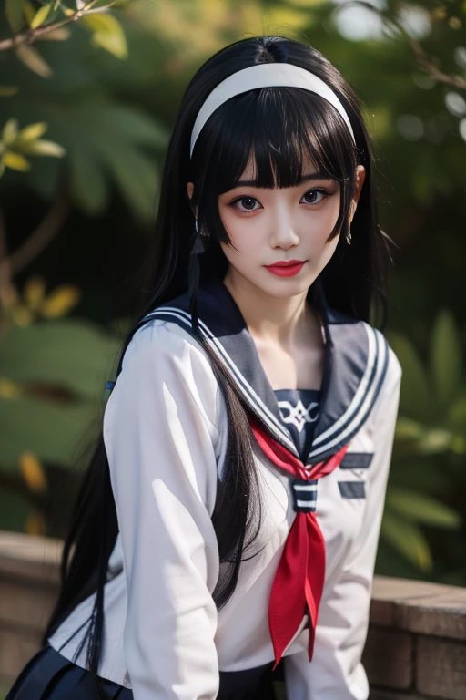 ltra-detailed,highly detailed,best quality,masterpiece,illustration,realistic,photorealistic,
renge, cosplay, solo, 1girl, cosplay,
school uniform, serafuku, sailor collar, long sleeves, neckerchief, pleated skirt,
long hair, bangs, sidelocks, hairband, hair tubes, headband,
looking at viewer, upper body,
outdoors, photo background,
<lora:renge_jk_v1_10:0.7>