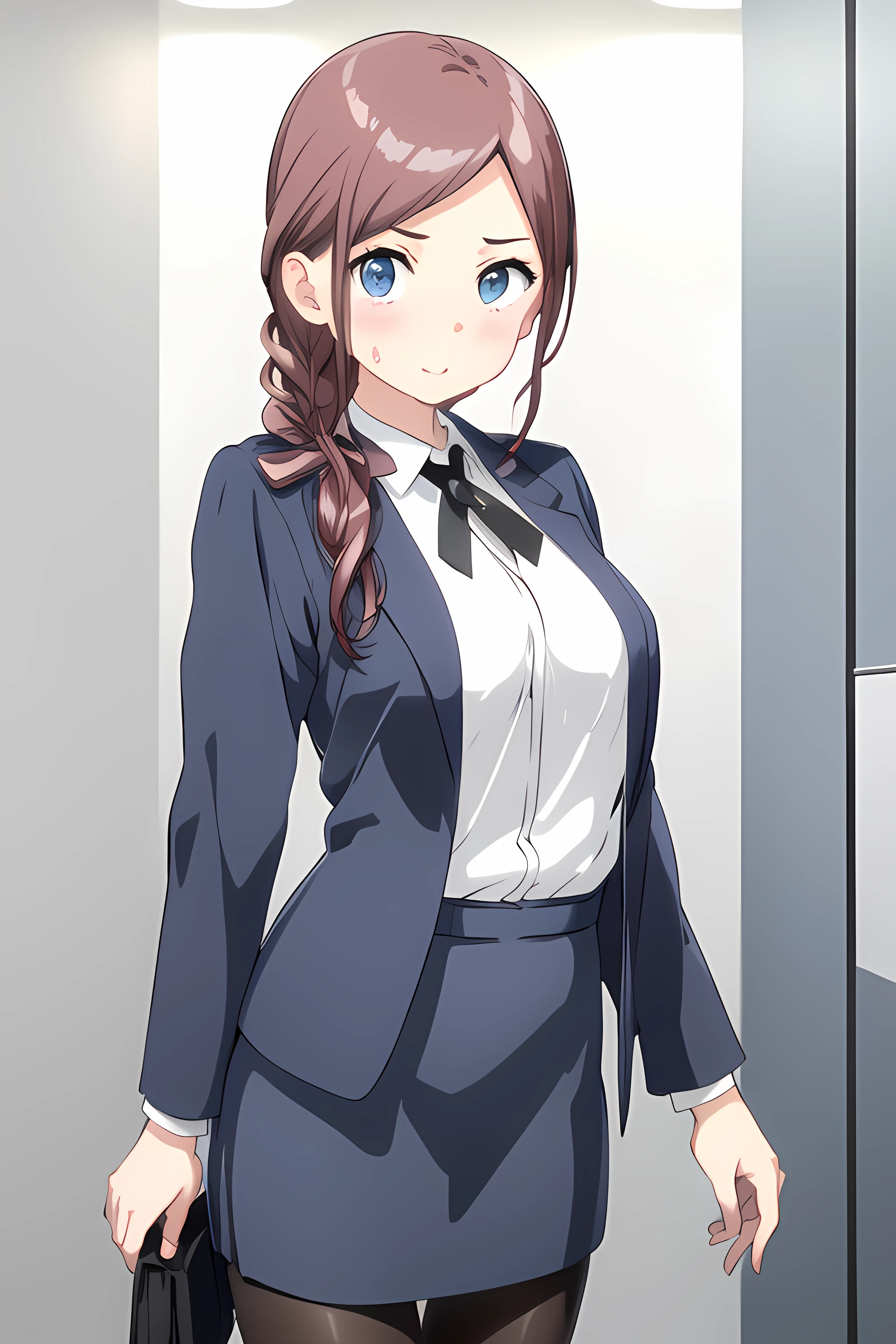 ((masterpiece, best quality)), 1girl,solo,standing,bangs, saya orisaki \(one room\), blue_eyes, blue_jacket, blush, brown_hair, long_hair, long_sleeves, looking_at_viewer ,((white_shirt)),pantyhose, pencil_skirt, ribbon,open jacket,,,,,extremely detailed CG unity 8k wallpaper, perfect lighting,Colorful, Bright_Front_face_Lighting,White skin, (masterpiece:1.0),(best_quality:1.0), ultra high res,4K,ultra-detailed, photography, 8K, HDR, highres, absurdres:1.2, Kodak portra 400, film grain, blurry background, bokeh:1.2, lens flare, vibrant_color,professional photograph,bow breasts, (beautiful_face:1),(detailed eyes),(narrow_waist),(Beautiful small breasts),Beautiful Finger,Beautiful long legs,Beautiful body,Beautiful Nose,Beautiful character design, perfect face,perfect balance,(2d)