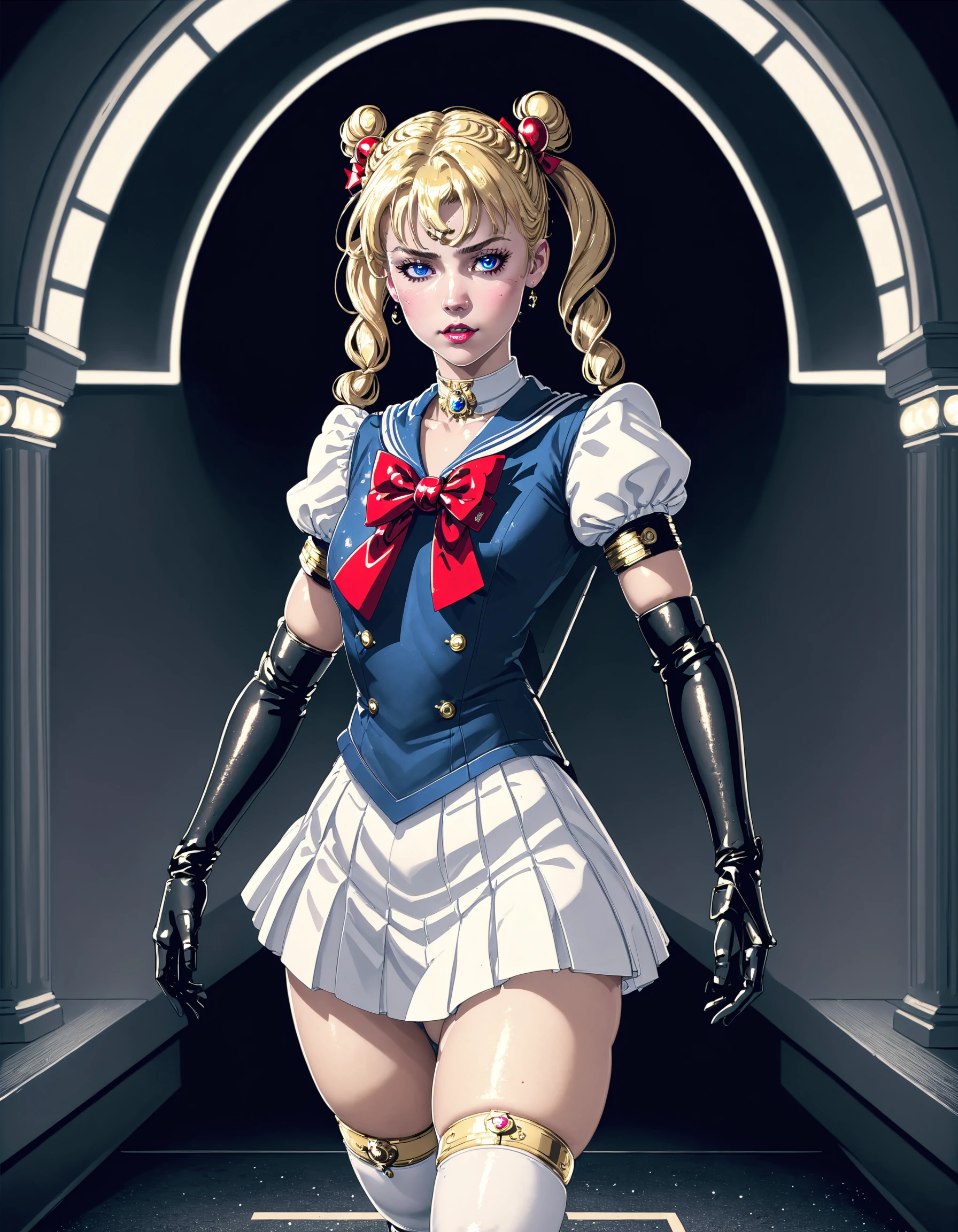 1girl, solo, long hair, blue eyes, skirt, blonde hair, thighhighs, gloves, bow, hair between eyes, twintails, jewelry, medium breasts, school uniform, collarbone, short sleeves, pleated skirt, parted lips, choker, black gloves, bowtie, sailor collar, red bow, white thighhighs, zettai ryouiki, hand on hip, white skirt, tiara, black background, cinematic angle, cinematic lighting, masterpiece, official art, PorcelainDuskMix Style , <lora:PorcelainMixes_Animaginexl:1>