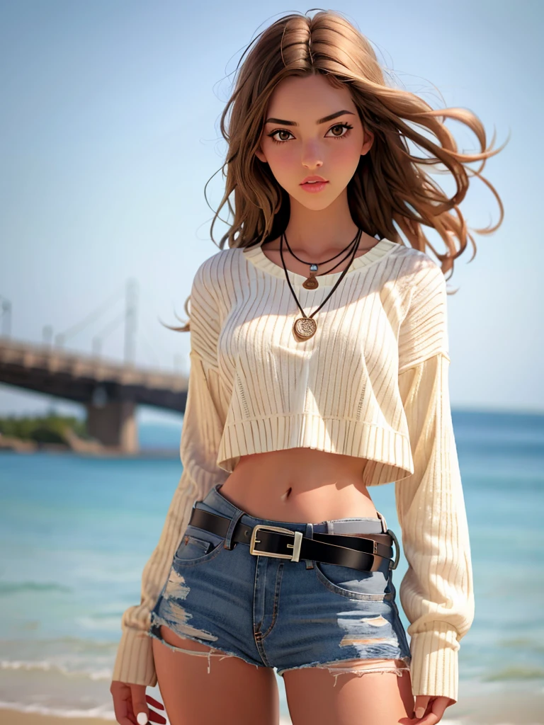 A beautiful 3m1lyf woman, 1girl,solo,long hair,looking at viewer,brown hair,long sleeves,navel,brown eyes,jewelry,standing,cowboy shot,shorts,midriff,belt,necklace,blurry,sweater,lips,crop top,torn clothes,short shorts,blurry background,denim,freckles,blue shorts,denim shorts,black belt,belt buckle,realistic,arms at sides,white sweater,cutoffs,fashion,soft lighting, professional Photography, Photorealistic, detailed, RAW, analog, sharp focus, 8k, HD, high quality, masterpiece<lora:3m1lyf:1.0>