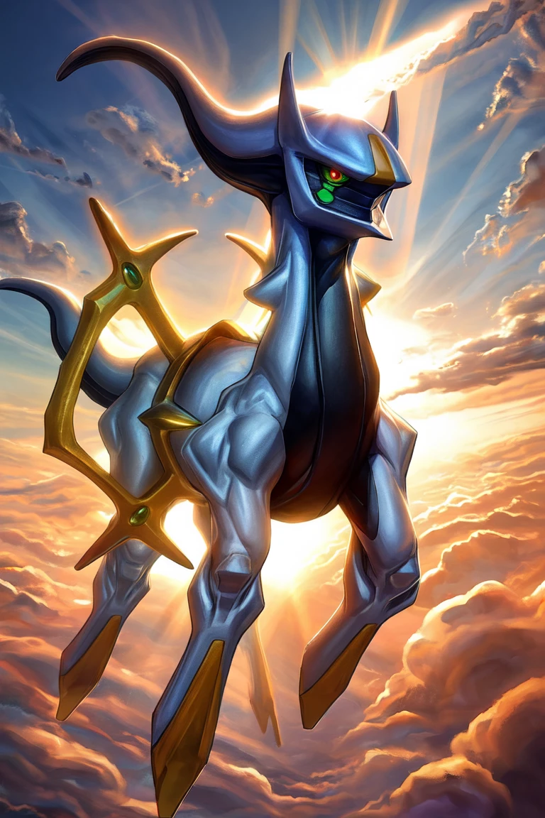 absurd res, (good quality, best quality:1.1), digital media \(artwork\), by kihu, arceus, feral, floating, green sclera, red eyes, full body, tail, no mouth, looking at viewer, from side, detailed background, sky, (cloud, sunrays:1.2), (8k hd, hdr:1.1) <lora:arceusV1:1>