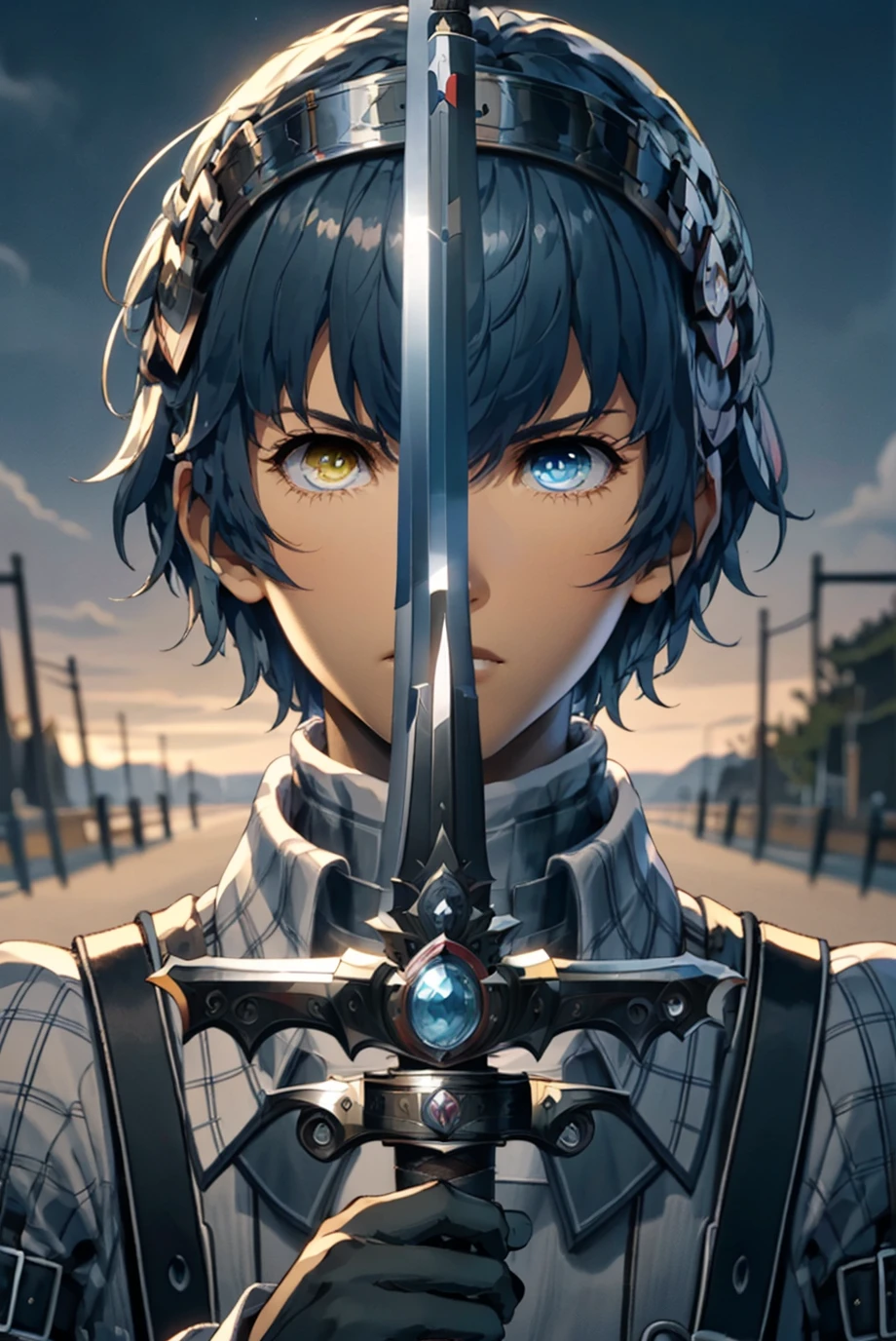 masterpiece, 1boy, close-up, solo, looking at viewer, <lora:swordup-pose-richy-v1:1.3> swordup, sword, <lora:ProtagonistMR:0.75> protagonistmr, short hair, heterochromia, blue eyes, yellow eyes, coat, plaid, black gloves, dark skin, sky, cloud
