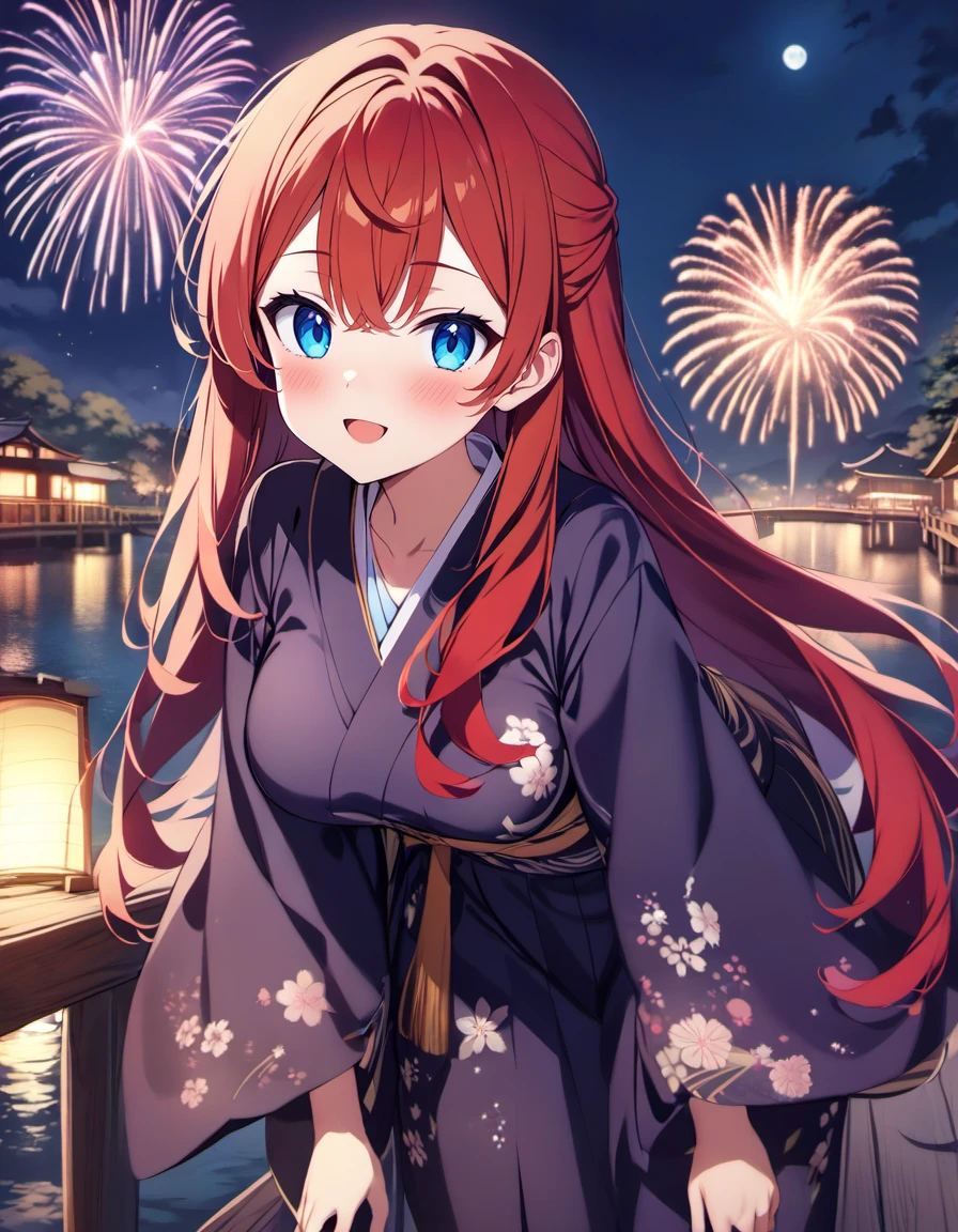 kierose,1girl,pastel colors, solo, long hair, breasts, blush, bangs hair between eyes, very long hair,blush,smile,blue_eyes,red_hair,open_mouth,blue sky <lora:kierose_xl_v1:1>,looking at viewer, kimono,japanese clothes, obi,large breasts, fireworks,night sky, clouds,moon,leaning forward, bridge,water