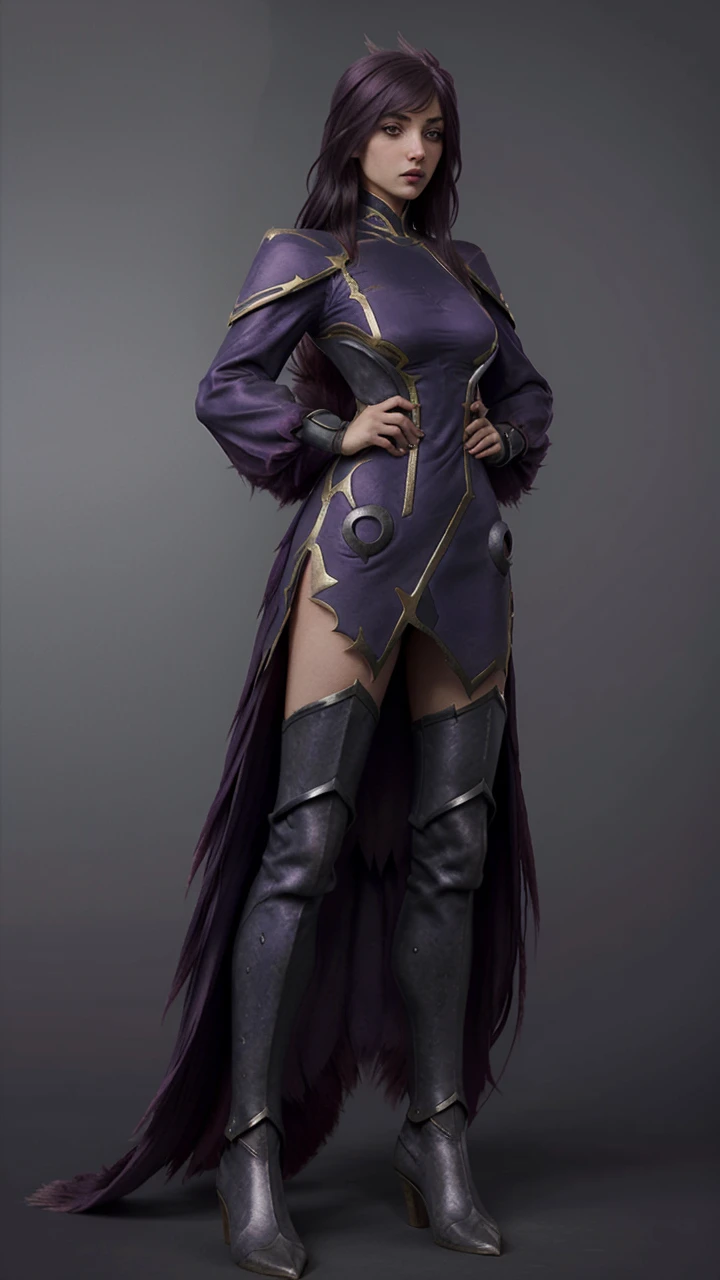 1girl, morganalol, purple hair, purple wings, ((official morgana_(league_of_legends))), ((armored dress)), white background, (hands on hip), full body,