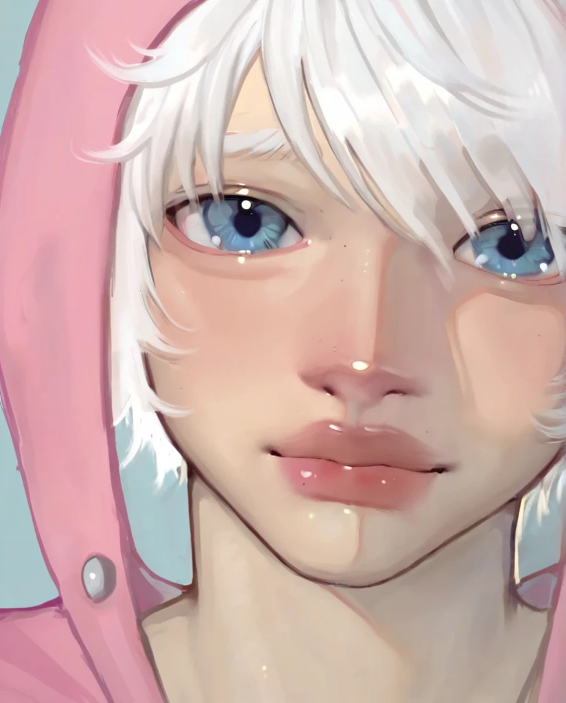 score_9, score_8_up, score_7_up, puririkaaa_style, close-up, portrait, white hair, blue eyes, pink hoodie, 1boy, solo, male focus, looking at viewer <lora:Puririkaaa (Jelly Art Style) SDXL_LoRA_Pony Diffusion V6 XL_Very Light:1>