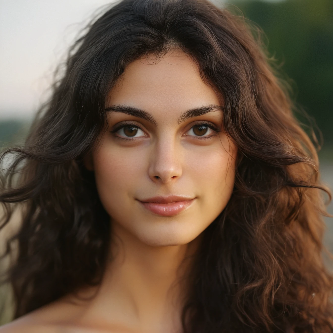 Skin texture, no makeup, Super high res closeup portrait photo of a woman outdoors with wavy long hair,f /2.8, Canon, 85mm,cinematic, high quality,looking at the viewer, <lora:morbaccarin_xl_1_standard_wo_cap-000033:1>