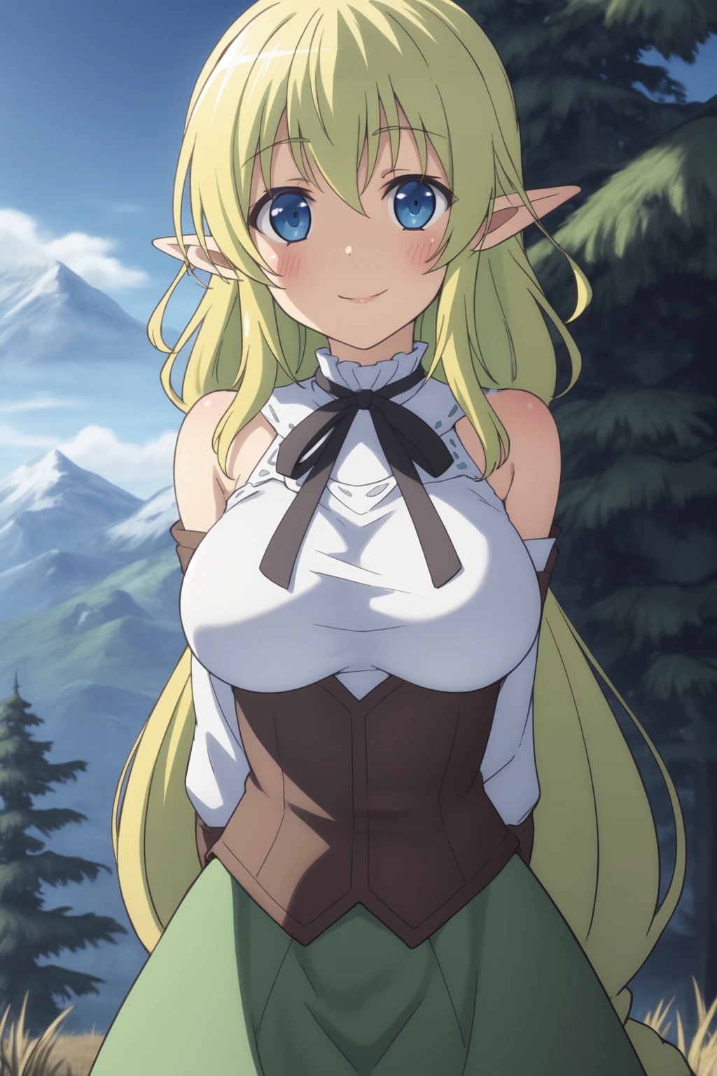 <lora:Choujin KoukouseiV1:0.7>
Lyrule,absurdres,masterpiece,1girl,solo,long hair,breasts,blue eyes,blonde hair,dress,ribbon,very long hair,upper body,braid,outdoors,day,pointy ears,twin braids,tree,elf,mountain,arms behind back,looking at viewer,smile,corset,
