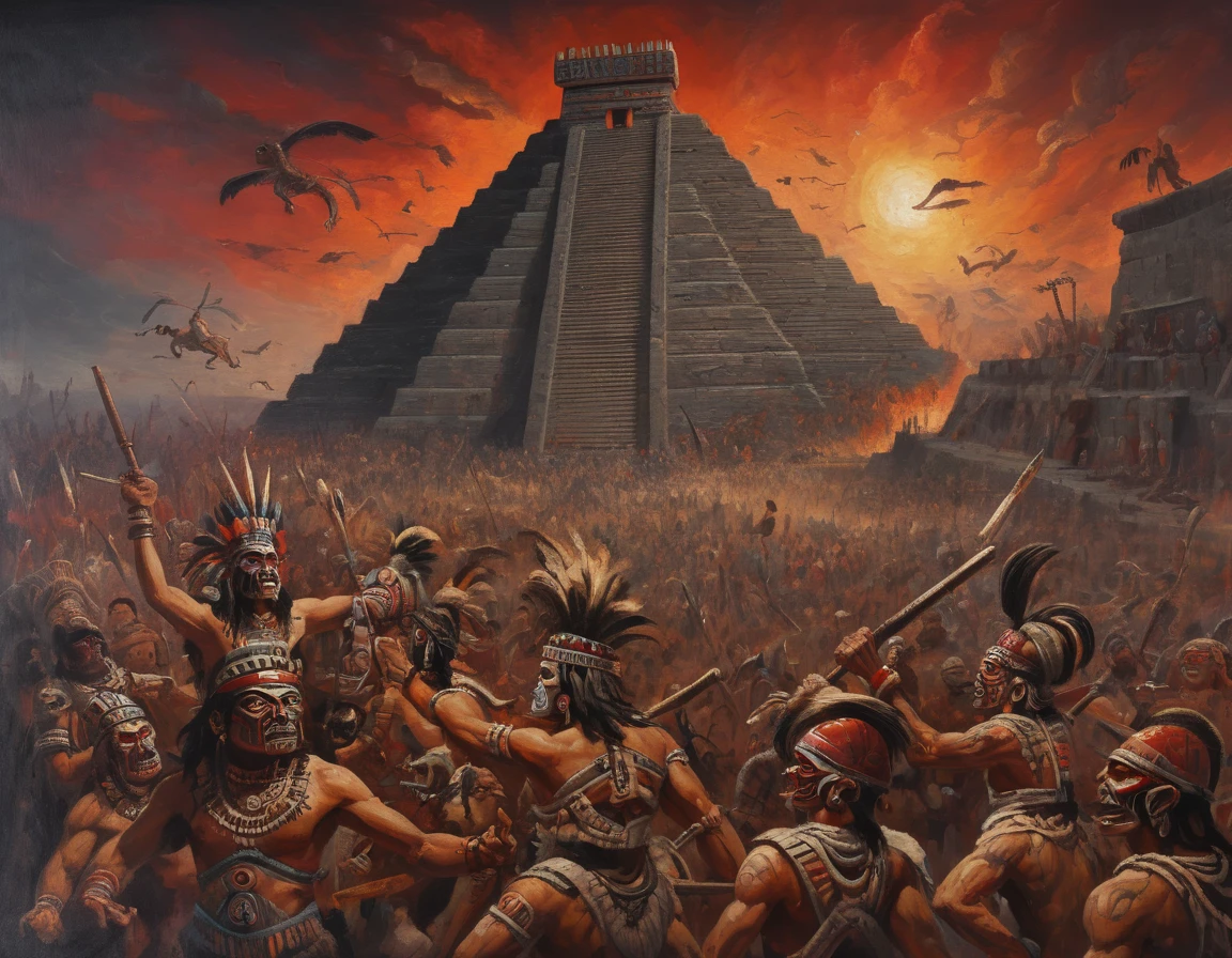 	((Old Oil Painting of a aztec war a lot of brush strokes by g0ya)),((old painting:1)),g0ya style