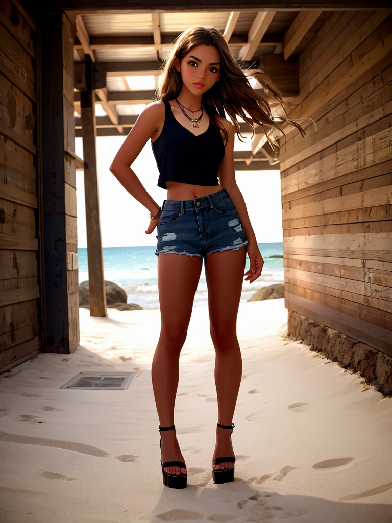 A beautiful 3m1lyf woman, 1girl,solo,long hair,looking at viewer,skirt,brown hair,black hair,brown eyes,jewelry,standing,full body,midriff,dark skin,necklace,dark-skinned female,crop top,plaid,plaid skirt,sandals,tank top,soft lighting, professional Photography, Photorealistic, detailed, RAW, analog, sharp focus, 8k, HD, high quality, masterpiece<lora:3m1lyf:1.0>