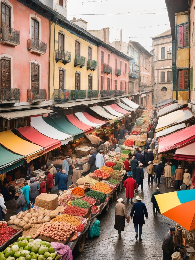 A photo of a bustling market in a historic city, capturing the vibrant chaos of colors, textures, and people, with a focus on the interactions between vendors and customers that bring the scene to life.,