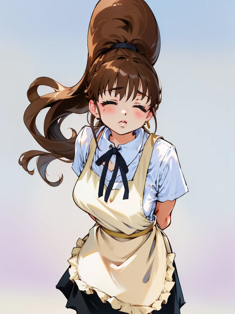 <lora:okina-20:1>leaning forward, puckered lips, closed eyes<lora:working-16:1>popura, brown hair, long hair, high ponytail, waitress, ribbon, white shirt, black skirt, yellow apron, pov, looking up, arms behind back, masterpiece, best quality