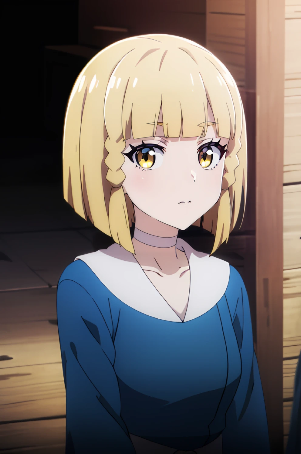 <lora:Alize:0.7> alize, short_hair, blonde_hair, 1girl, solo, bangs, yellow_eyes, braid,    , white_choker, dress, upper body, looking at viewer, best_quality, highres, extremely_detailed, anime perfect detailed style, 8k, masterpiece, anime art style, anime coloring,