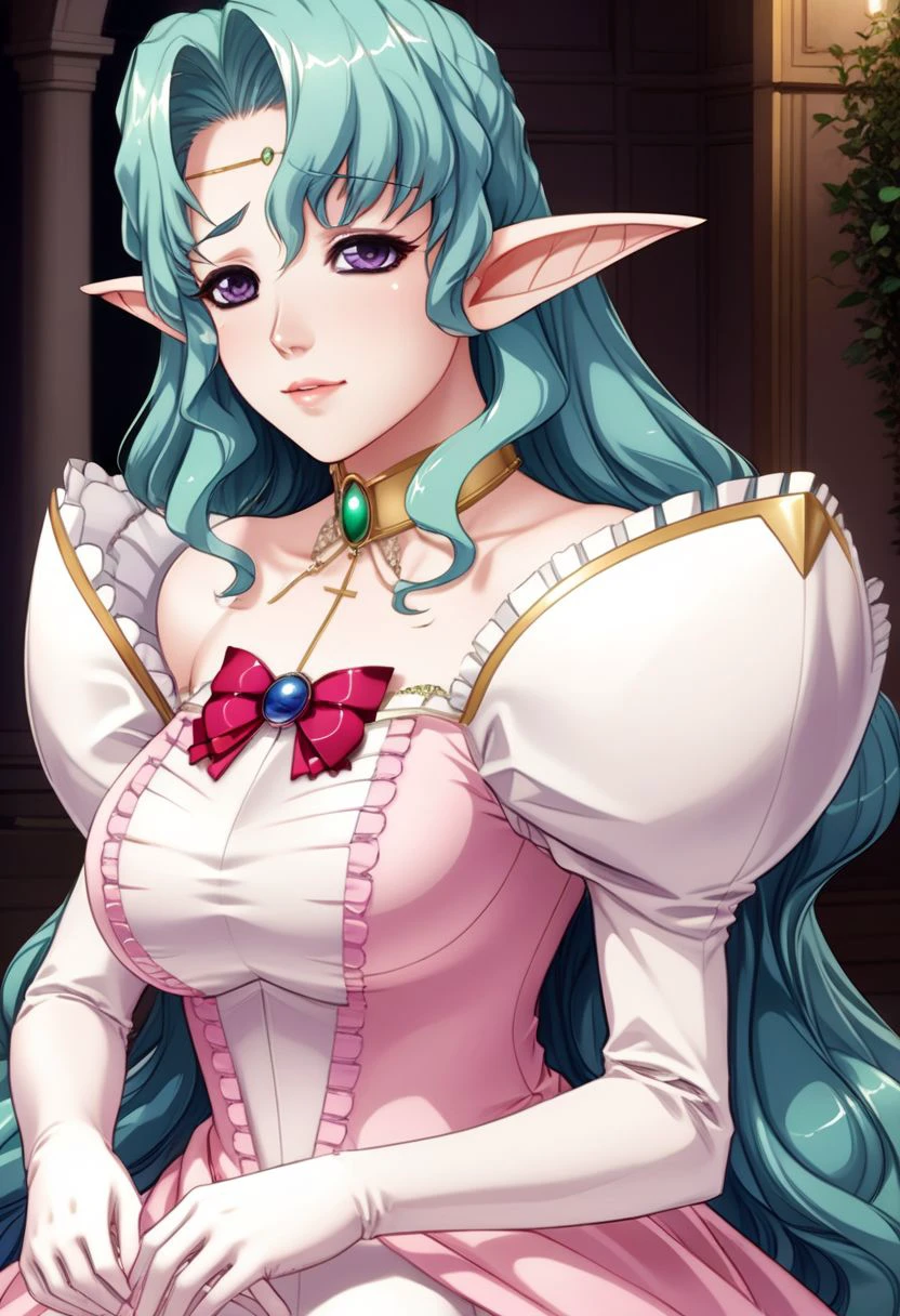 Arietta Elfinrine, delicate lady, violet eyes, detailed eyes, blush, Beautiful lips, lipgloss, luscius lips, teal hair, cross collar, pandant earrings, red ribbon on chest,  pink gown dress with sleeves, elbow gloves, detailed and intrincade, masterpiece, ultra detailed, 4k