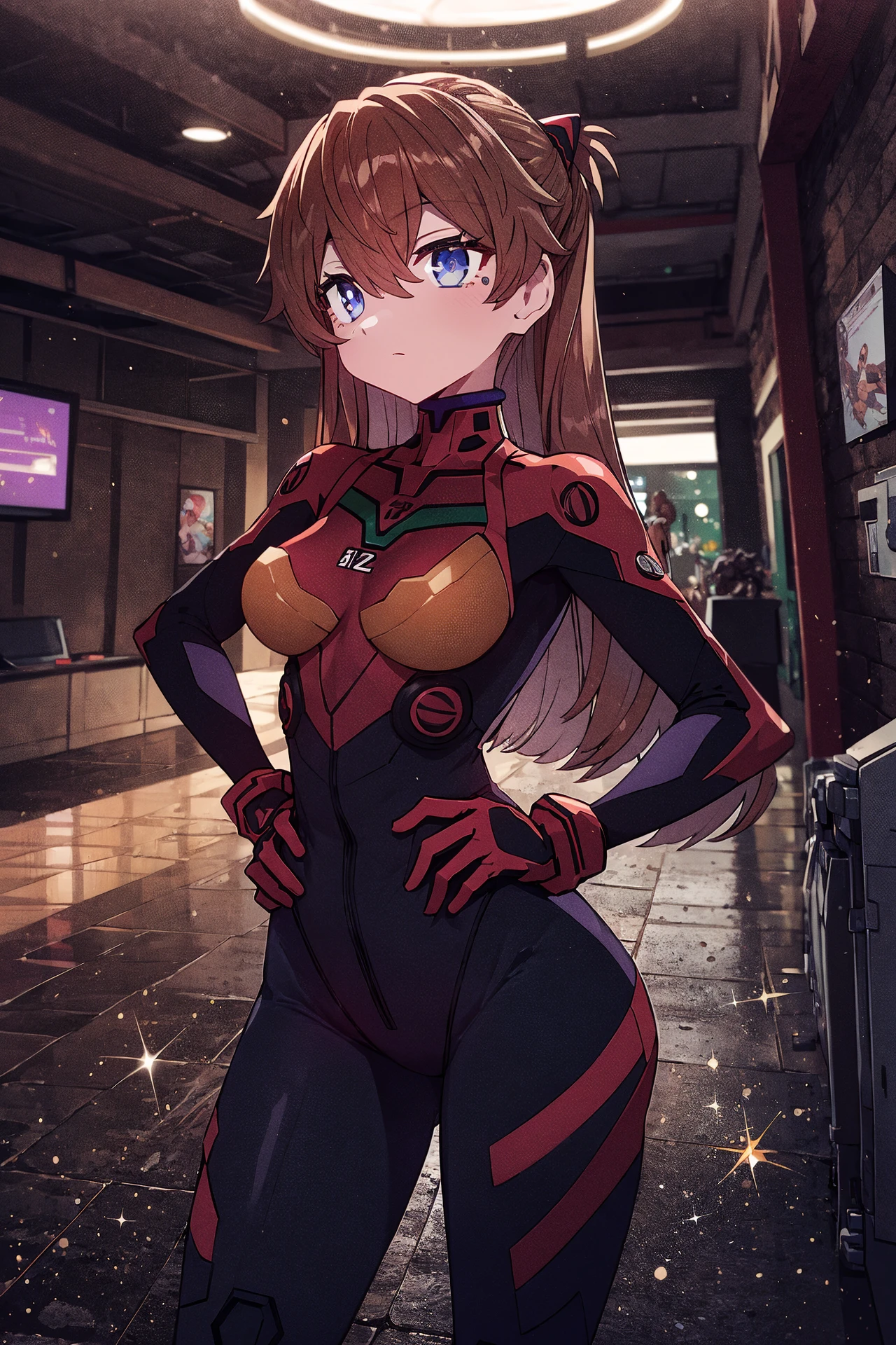 (masterpiece, top quality, extremely detailed, best quality, beautiful and aesthetic:1.2), (1girl:1.3), official art, high resolution, surreal, <lora:sumiyao+MEI2-000010:1> sumiyao+ <lora:souryuu_asuka_langley:0.8> souryuu_asuka_langley, plugsuit, bodysuit, interface headset, red bodysuit, hair between eyes, pilot suit, rule of thirds, town, suburbs, indoors, light, hands on hips, pupils sparkling