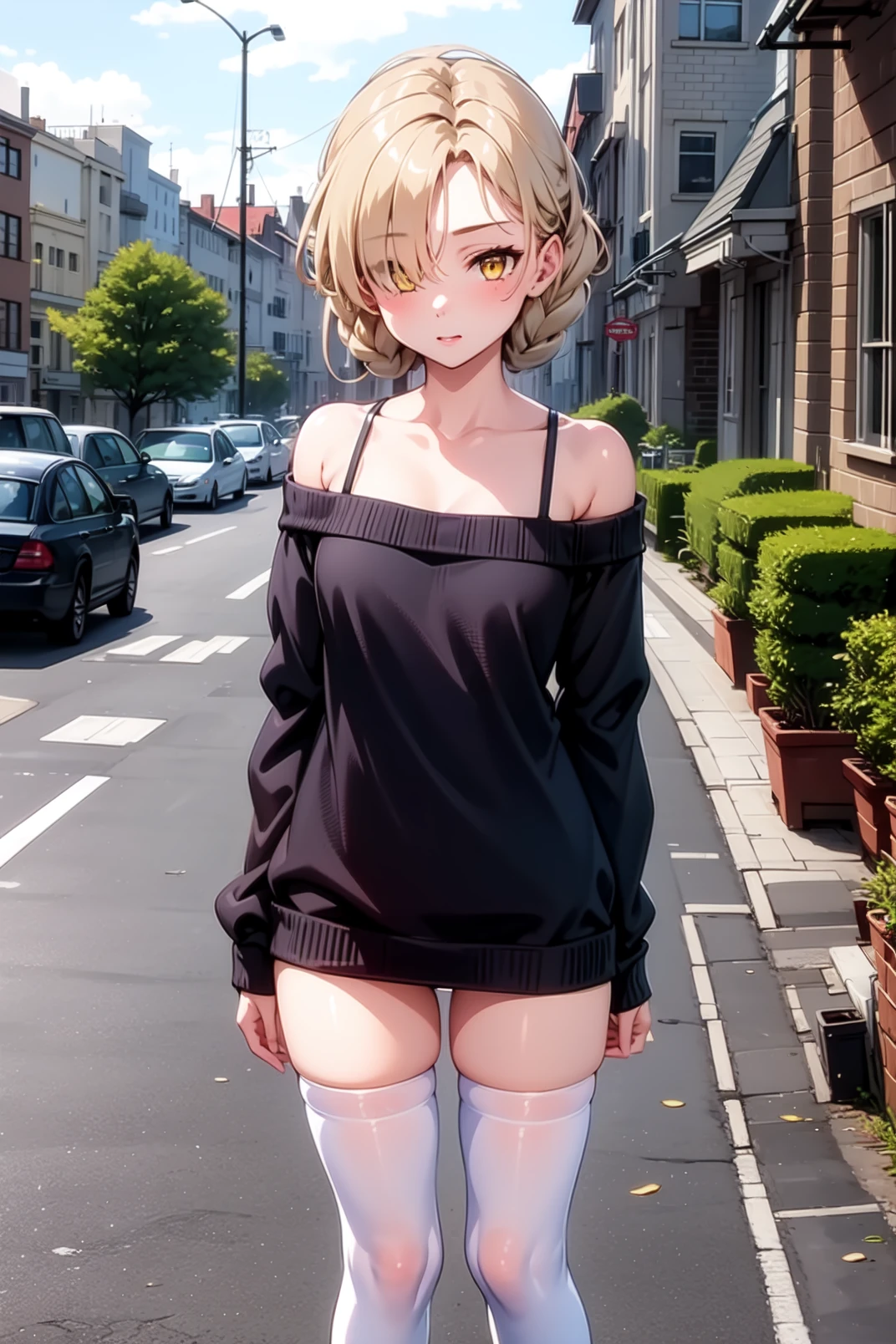 masterpiece, absurdres, best quality, ultra detailed, high Resolution, detailed illustration, extremely beautiful detailed face and eyes, Delicate beautiful face, bright colour, Pastel, 1girl, cute face, magenta eyes, sparkling eyes, big eyes, medium breasts, (perky breasts:1.1), (pointy breasts:1.1), medium hips, glamorous body, white skin, happy, BREAK, long bob cut, (blonde hair:0.8), messy hair, detailed hair, shiny hair, BREAK Maxi sweater, Paislash, tiny ribbon, park, real world, natural lights, perfect lighting, outdoor, from below,