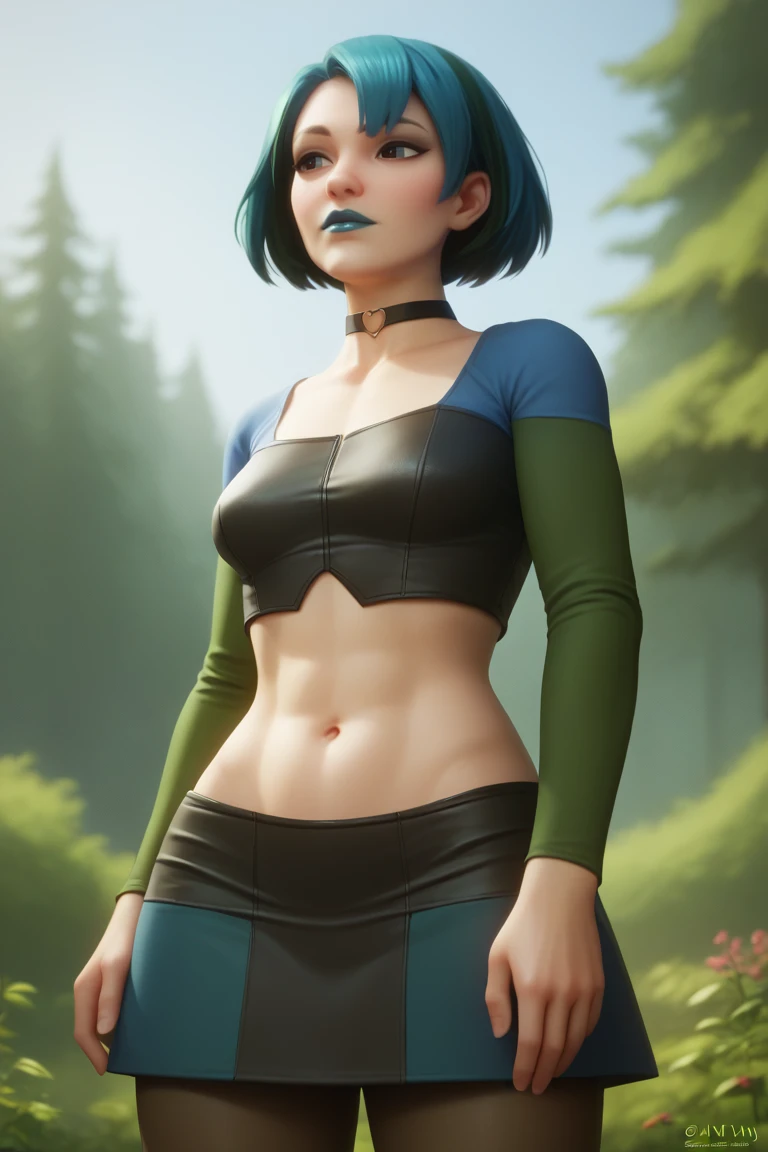 score_9, score_8_up, score_7_up, BREAK, <lora:nyl2-guy-PONYv1:1>, 1girl, solo, <lora:gwentd-guy-ponyv1:0.95> gwentd, two-tone hair, lipstick, choker, crop top, long sleeves, midriff, skirt, pantyhose, outdoors, forest,