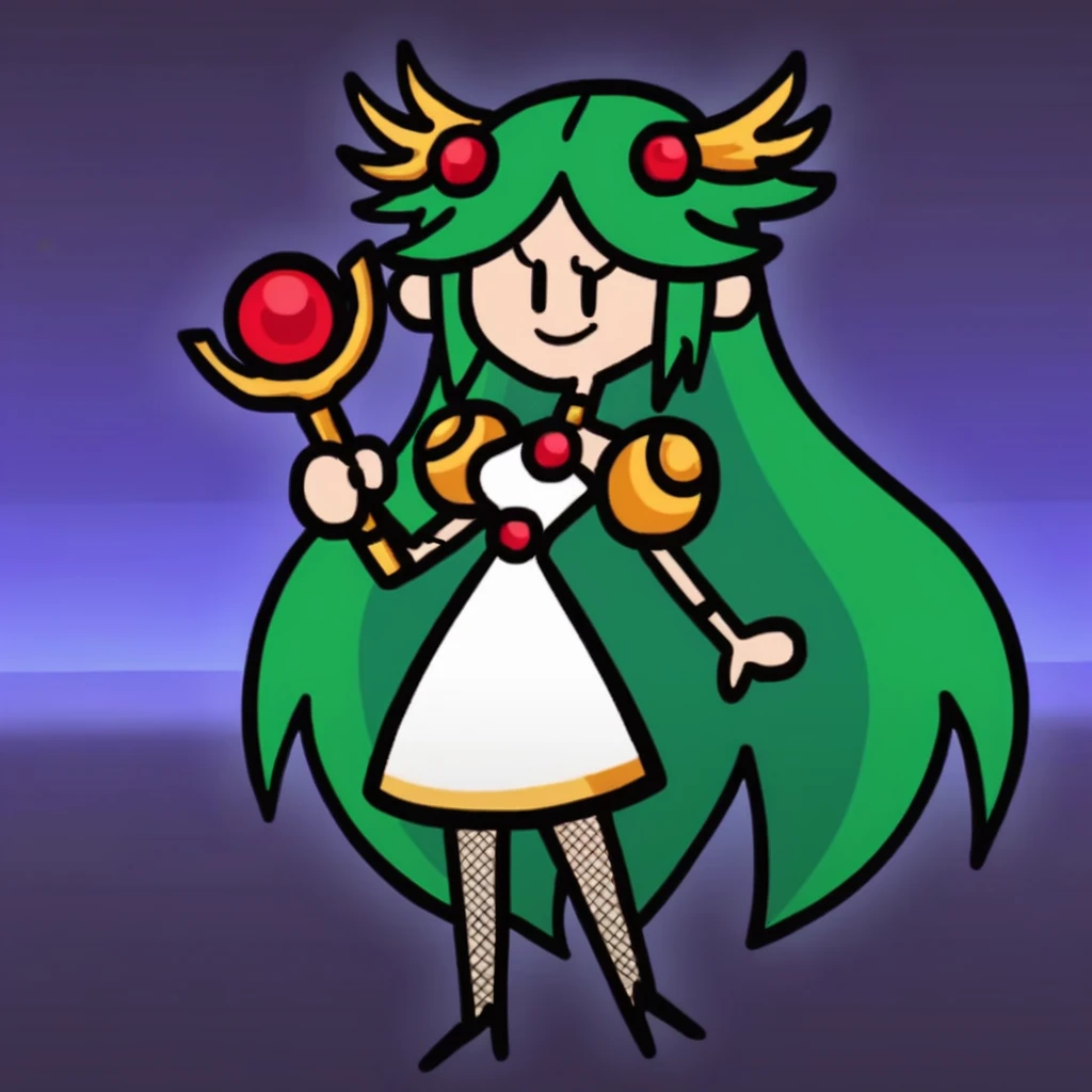 score_9, score_8_up, score_7_up, score_6_up, score_5_up, score_4_up, source_anime, terminalmontage, woman, solid color background, very long green hair, white dress with red trim, gold hair ornament, fishnet leggings, holding a flail, smiling, humanoid<lora:PD Terminalmontage Style:0.8>