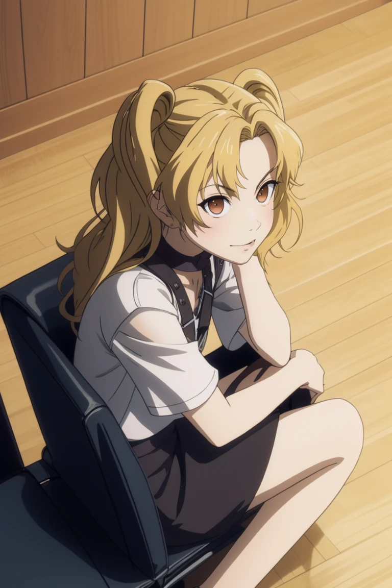 masterpiece, consistent background, indoors, 
 <lora:black_bullet Yuzuki Katagiri:0.7> Yuzuki Katagiri, sitting on sofa, drone pov, dutch angle, from above, looking at viewer