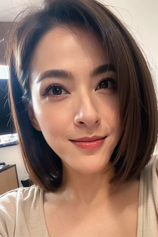 Best quality,masterpiece,ultra high res,(photorealistic:1.2),1girl,deep shadow,low key,slim body,dynamic pose,face closeup,brown hair,smile,makeup,<lora:jill_su:0.9>,