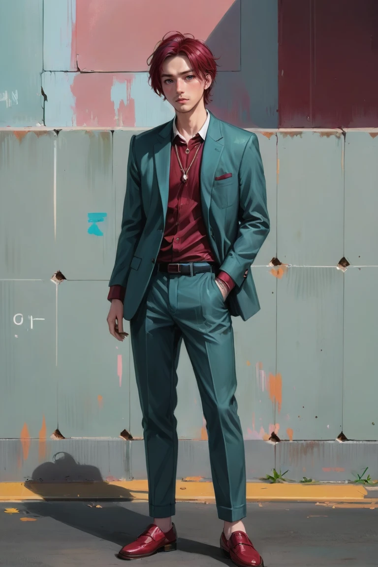 digital painting, full body, young man, handsome, formal autumn seoul streetwear, korean male fashion, brushed color:mediumseagreen metal and crimson hair, Shaggy Hair<lora:EnvyJKMaleFashionXL01:1.1>