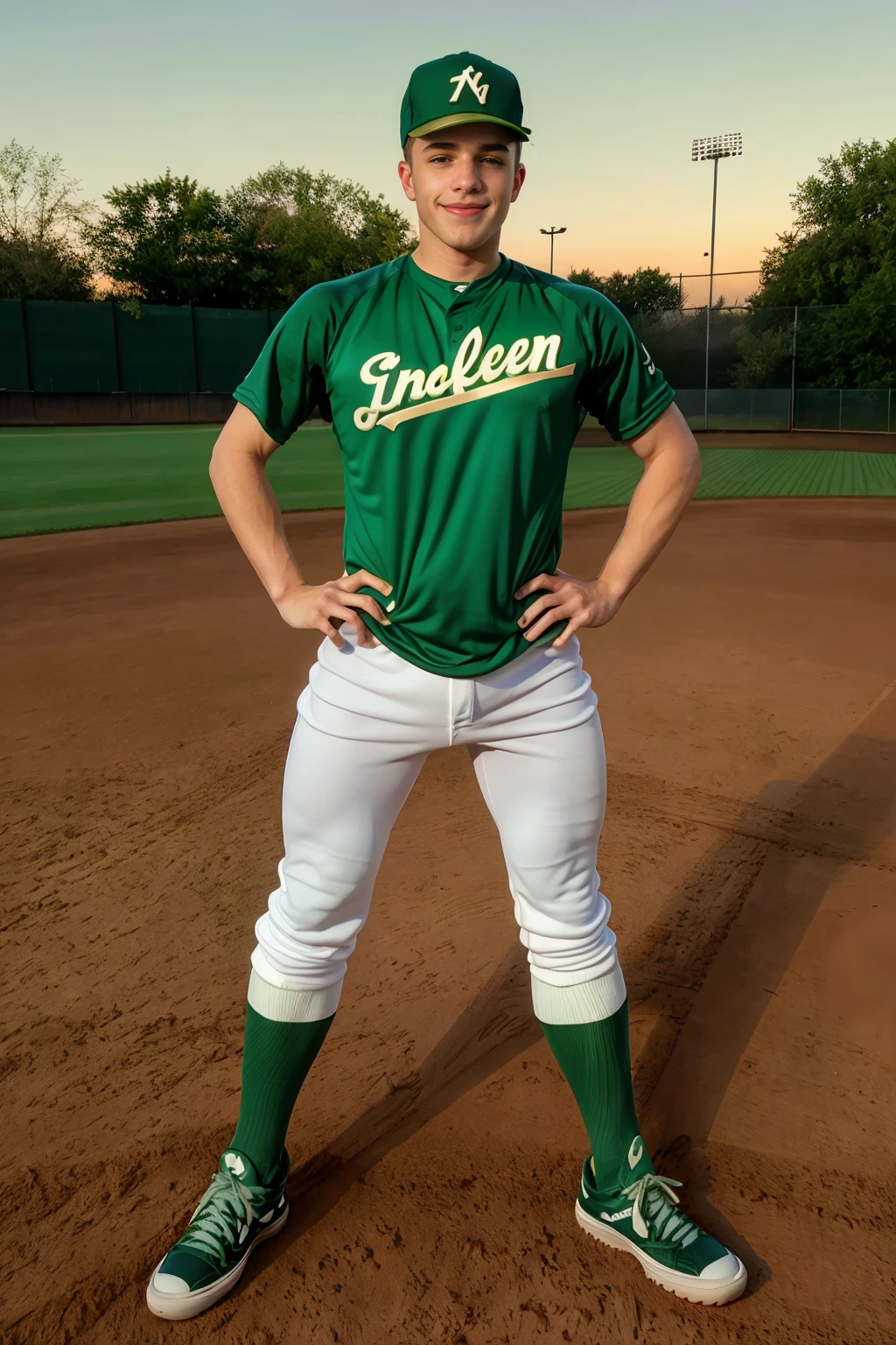 dusk, baseball field, outdoors, stadium lighting, standing at shortstop, JakePreston is a baseballplayer, smirk, baseball uniform, (green jersey:1.3), (pale gold numbers), white pants, (green socks), long socks, green baseball cap, (black sneakers), (mitt), ((full body portrait)), wide angle <lora:Clothing - Sexy Baseball Player:0.65> <lora:JakePreston:0.8>