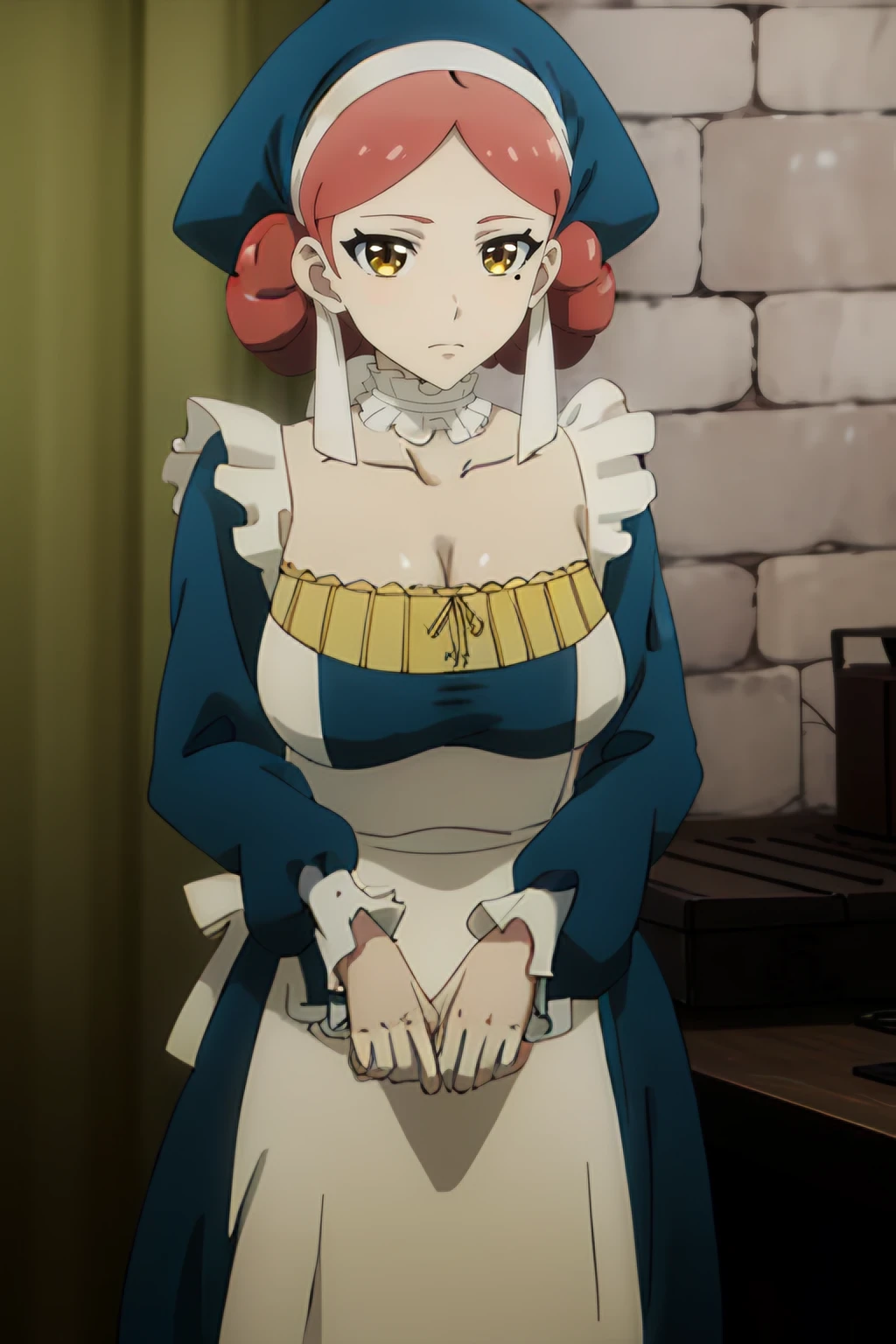 <lora:Luka:0.7> luka, 1girl, red_hair, solo, yellow_eyes, breasts, mole_under_eye, short_hair, , cleavage, apron, choker, hat, standing, best_quality, highres, extremely_detailed, anime perfect detailed style, 8k, masterpiece, anime art style, anime coloring,