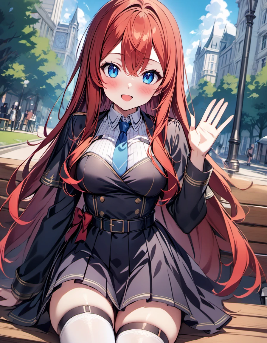 highly_detailed,illustration,vivid_colors,best_quality,masterpiece,kierose, 1girl, solo, long hair, breasts, looking at viewer, blush, bangs, skirt, shirt, long sleeves, dress, bow, hair between eyes, very long hair, necktie, red bow, capelet, blue necktie, no headwear,outdoors,blush,smile,blue_eyes,red_hair,black_dress,black capelet, red_ribbon,bow, collared shirt, black sleeves, white thighhighs,dress_top,waist ribbon,open_mouth,buttons,:D, pleated skirt,button,blue sky,thigh strap,belt,chest strap,looking at viewer, <lora:kierose_xl_v1:1> sitting,bench,park,waving, dutch angle,