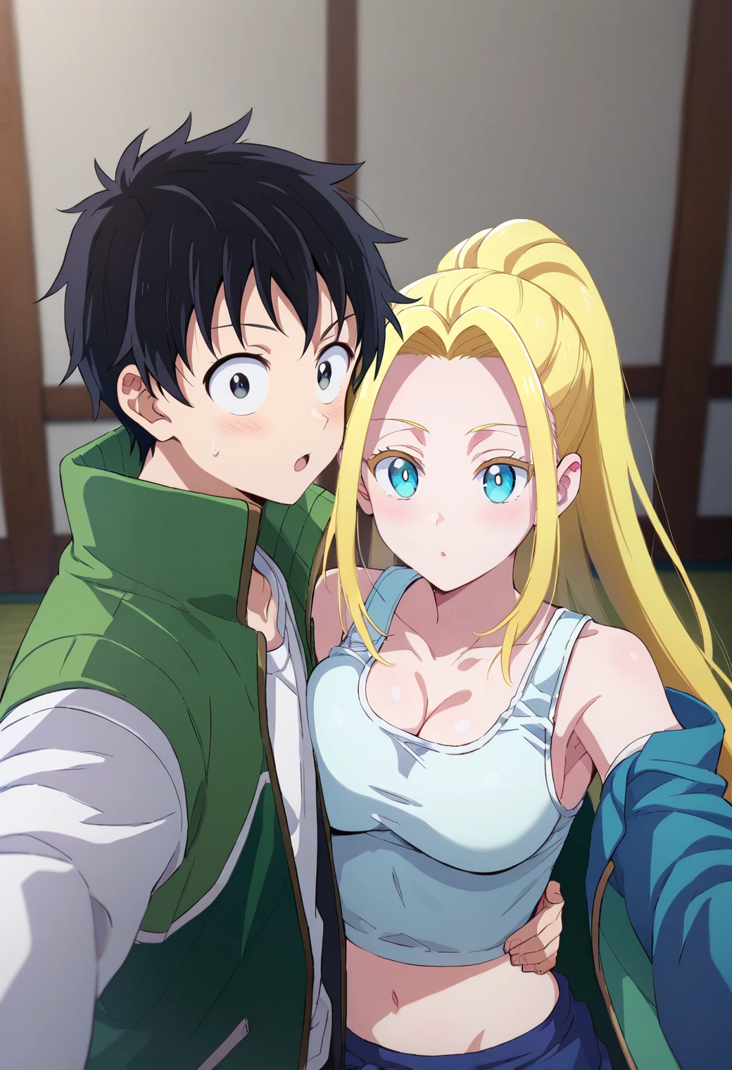 selfie, 1girl, 1boy, hugging, BREAK
tendouakira, white shirt, green jacket, open jacket, and
beatrixamerhauser, white tank top, bare shoulders, BREAK
<lora:zom100_ponyxl_v4:1>, score_9, score_8_up, score_7_up, score_6_up, anime