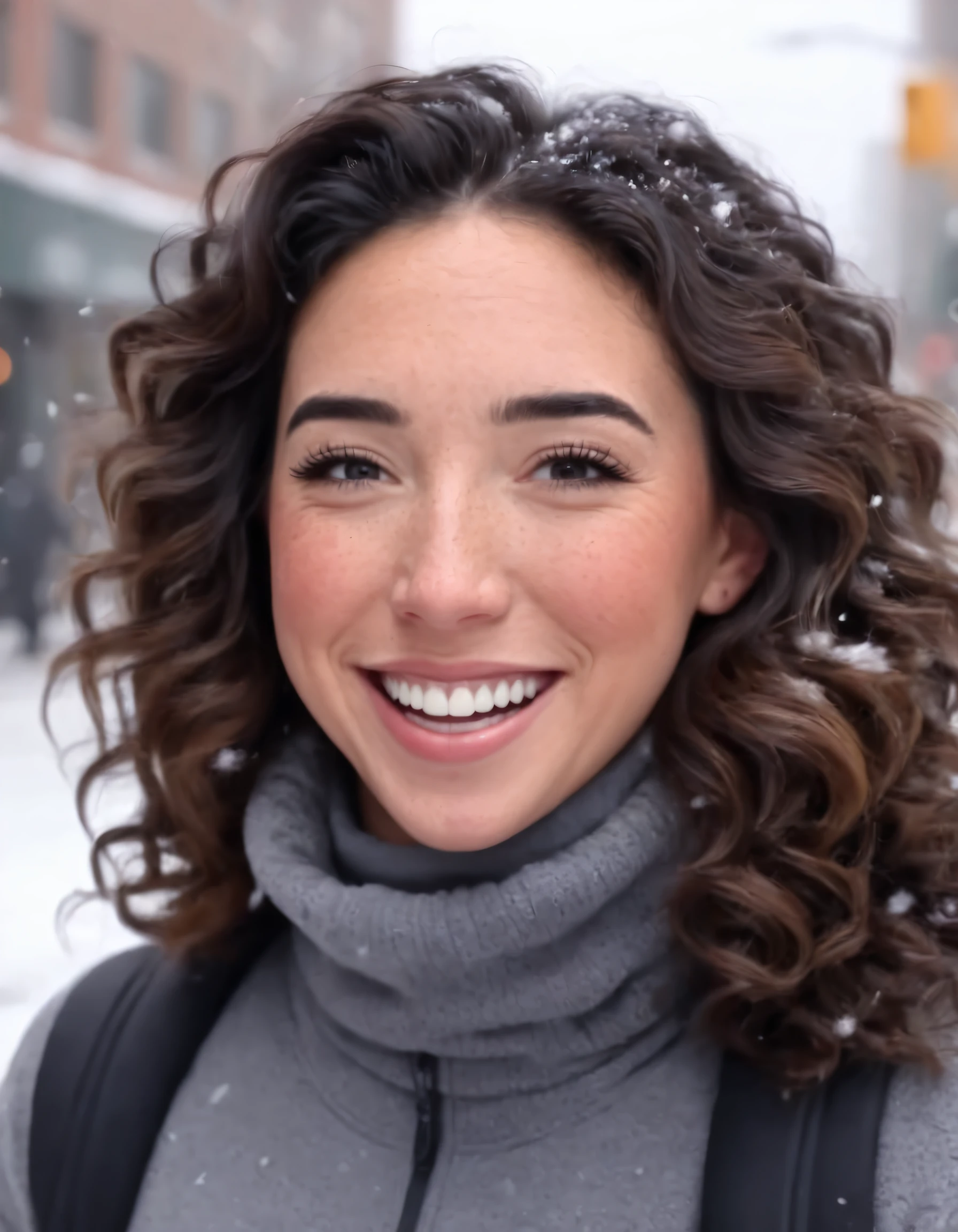 Lexi Abreu, with her dark brown curly hair and beaming smile, donned a turtleneck sweater, jacket, and leggings while effortlessly walking down the bustling city streets covered in soft snow; capturing the beauty of her face, eyes, and best qualities through high-resolution photographs, her image becoming an extreme detail-filled masterpiece. lexi abreu <lora:kjmspq18e0abd7ce8vca:1>