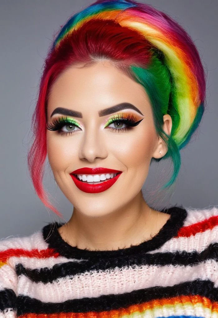 Full body photograph of a beautiful woman, fuzzy, fluffy and puffed mohair sweater. Rainbow colored hair stripes. Rainbow color clothes. Smoked eye make up. Bold eye liner. Green eyes and red lips. Smiling and showing white teeths. Big boobs