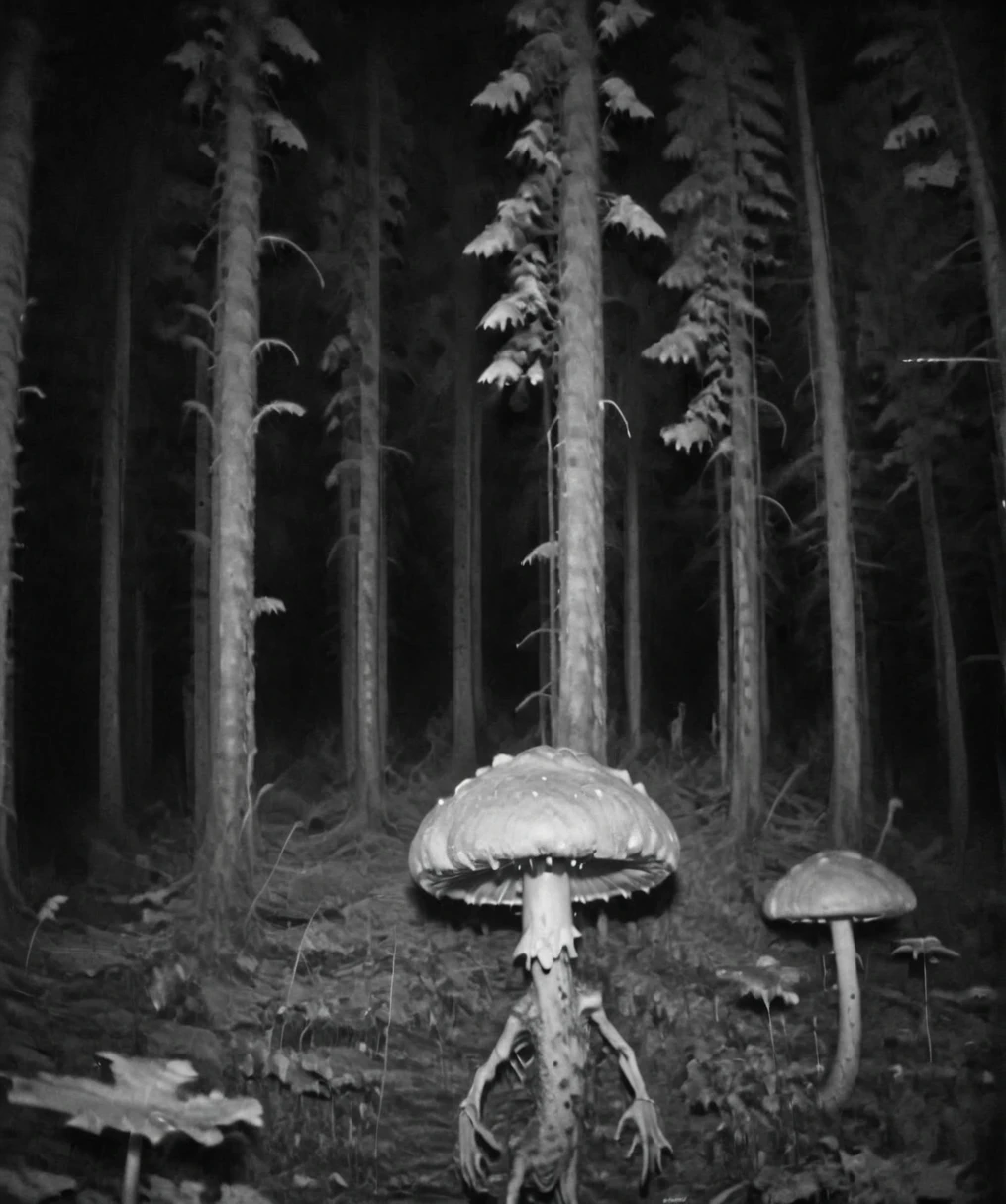 Camera trap, monochrome, A giant humanoid mushroom runs through the forest, horror   <lora:Camera trap:1>