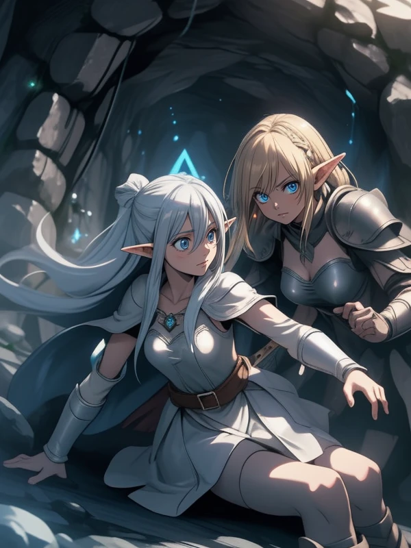 2 girls, fantasy, elf, cave dungeon, elf mage casting a magic, magic circle, ((light effects)), elf knight attacking monster , (((dutch angle))), sword, surprise, determined face, monsters