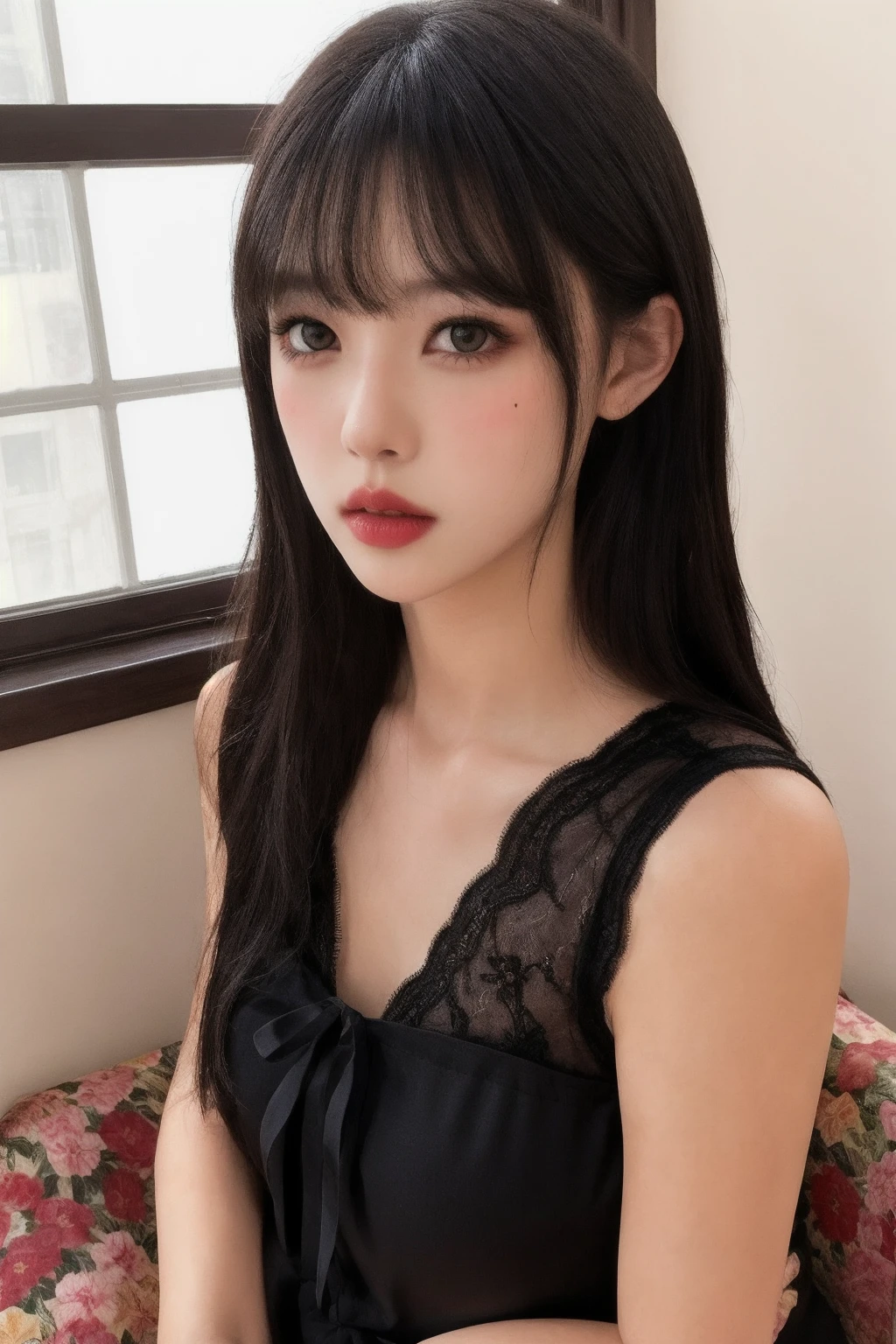 1girl, high quality, looking at viewer, lace trim, black dress shirt, floral print, upper body,parted lips, indoors, 
 <lora:yzdlw_v1-000006:0.68>
