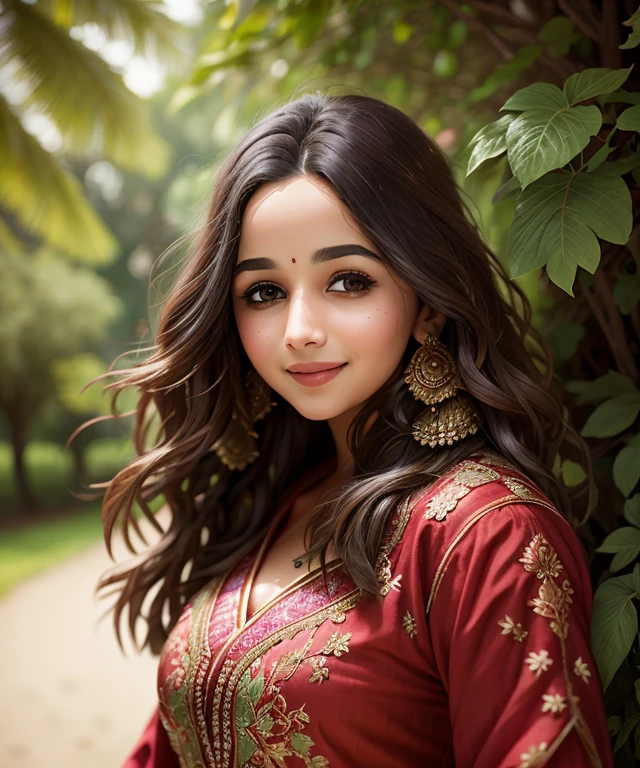 a3l1bh3 , ((blurred nature, outdoor)), (close portrait photo), Indian dress,  intricate, smile, realistic