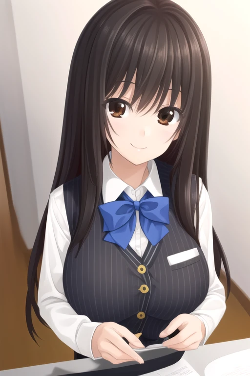 ((masterpiece)),(best quality),official art,extremely detailed CG,unity 8k wallpaper,ultra detailed,beautiful detailed eyes,extremely detailed face,1girl,solo,upper body,(portrait:1.5),looking at viewer,facing viewer,smile,Yakuouji Komachi,very long hair,black hair,long hair,sidelocks,bangs,brown eyes,suit vest,black vest,pinstripe pattern vest,collared shirt,white shirt,blue bowtie,long sleeves,large breasts,pencil skirt,black pantyhose,high heels,<lora:Yakuouji Komachi(pc)>,