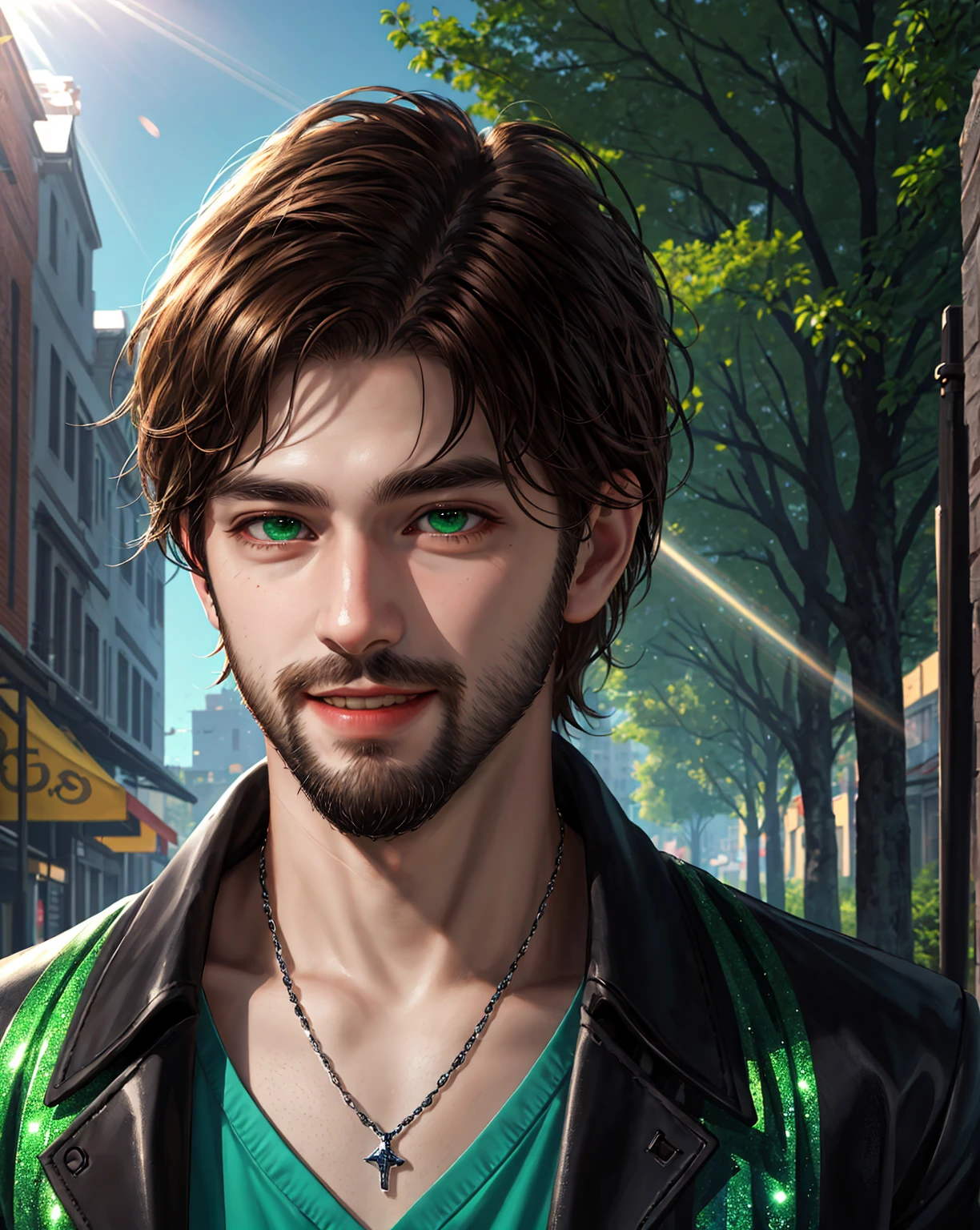 1man, male, portrait, beard, brown hair, green eyes, smile, outdoors, sunrays, city, outdoors, vibrant color, shimmering effect, masterpiece 8k wallpaper, art photography, UHD, DSLR, HDR