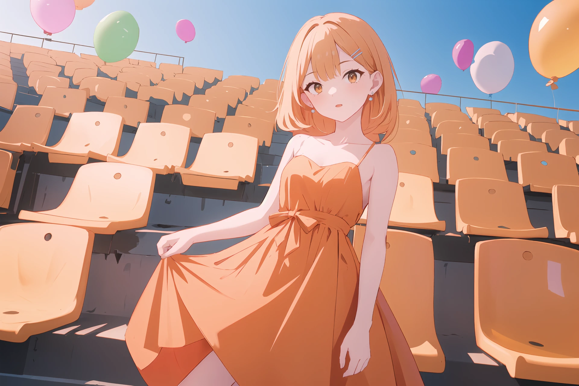 (best quality, masterpiece, highres),1girl,solo,earrings,hairclip,hime cut,ballgown,orange clothes,looking at viewer,strap,flag,balloon,dynamic_angle,
<lora:BX_stadium seats_v1.16:1>,seats,