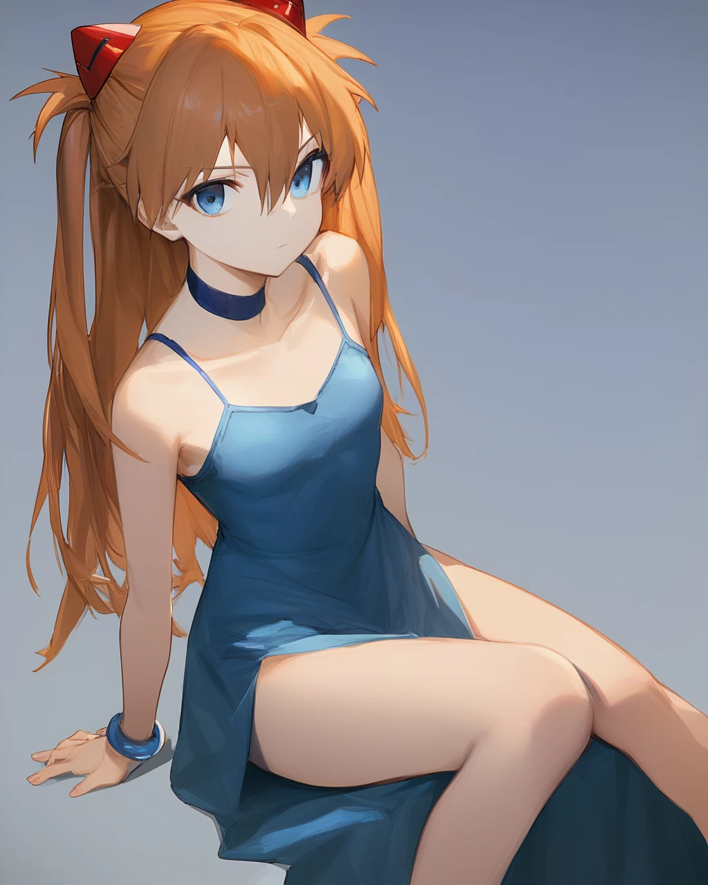 amazing,hight,score_9,1girl, solo, souryuu_asuka_langley, yellow_dress, blue_eyes, blue_choker, sitting, orange_hair, interface_headset, looking_at_viewer, feet_out_of_frame, arm_support, hair_between_eyes, closed_mouth, long_hair, small_breasts, bracelet, bangs, bare_shoulders, sleeveless_dress, hair_ornament, simple_background, two_side_up, collarbone, thighs, bare_arms