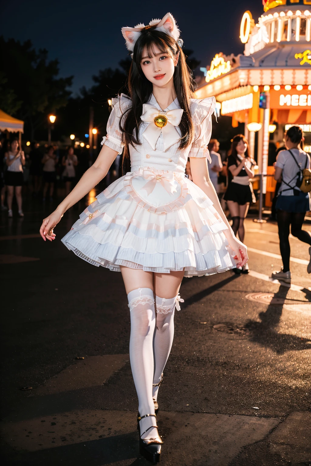best quality, masterpiece, realistic, photorealistic, 1girl, solo, looking at viewer, smile, long black hair, bangs, standing, full body, cyb dress, puffy short sleeves, bow, bell, animal ears, white thighhighs, white high heels, amusement park, people, detailed background, <lora:sweet_attire_style4_v1:0.7>