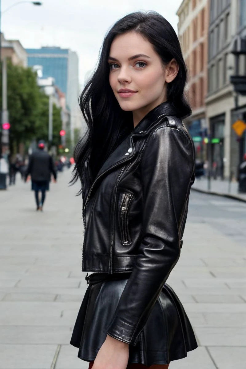 photo of S341_AnieDarling,a stunning woman,in a (city),wearing a (leather-jacket:1.1),(skirt),(4k, RAW photo, best quality, depth of field, ultra high res:1.1),(absurdres, intricate, photorealistic, masterpiece, ultra-detailed:1.1),