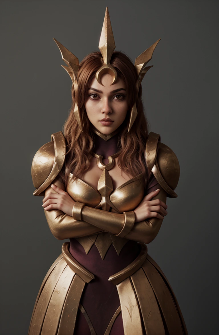1girl, leonalol, ornate hair, headgear crown, ((official leona_(league_of_legends) armored dress)), ((crossing her arms)), (looking at viewer, looking at the camera),